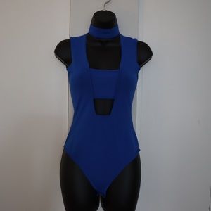Zara Cut Out Choker Knit Bodysuit | Blue | Size S